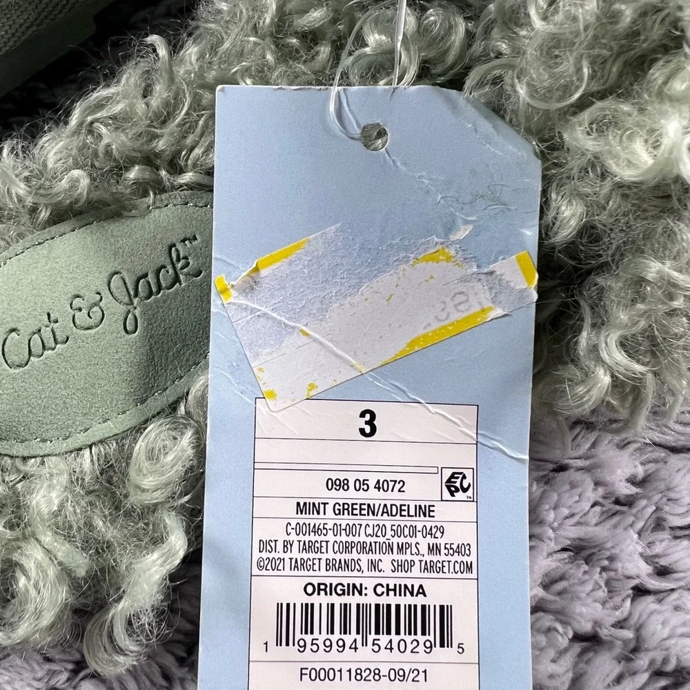 Cat Jack‎ Toddler Girls Slippers Size 3 Mint Green Faux Fur Pearl Embellished